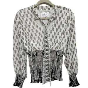 Analili Boho Print Smocked Blouse Size Small – Tie Neck & Flowy Sleeves